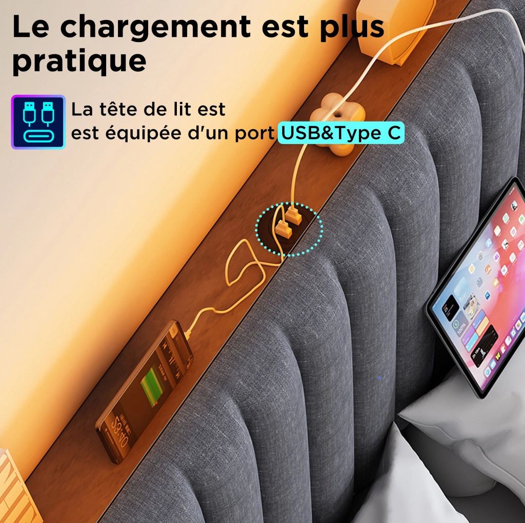 Letto imbottito 140x200 cm con contenitore; testiera LED App; USB e Type-C; grigio