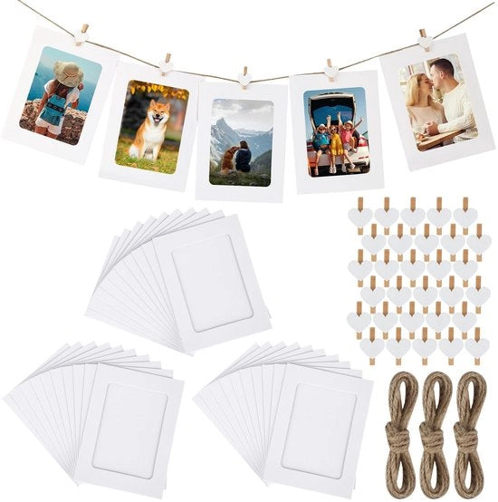 30 fotolijsten in cartone, 11,5 x 15,5 cm, con 30 clip in legno e 3 corda di canapa, per 30 pezzi