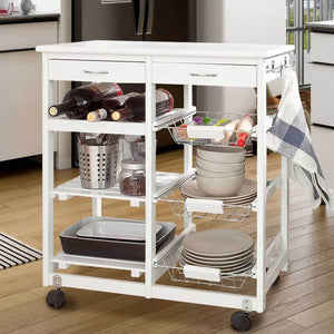 Carrello Cucina Legno 2 Cassetti Portaposate Portabottiglie 5 Scomparti Bianco