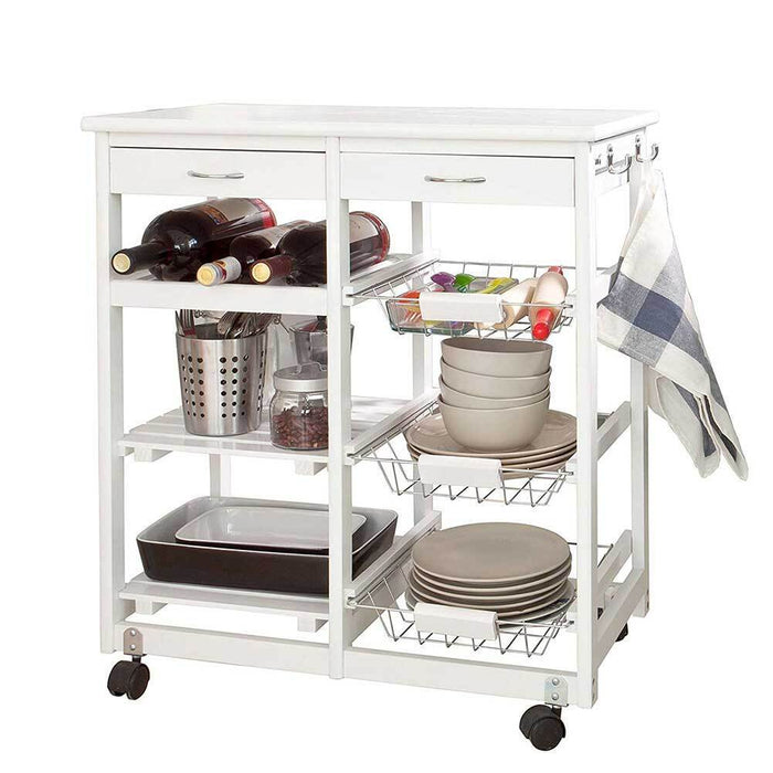 Carrello Cucina Legno 2 Cassetti Portaposate Portabottiglie 5 Scomparti Bianco