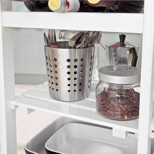 Carrello Cucina Legno 2 Cassetti Portaposate Portabottiglie 5 Scomparti Bianco