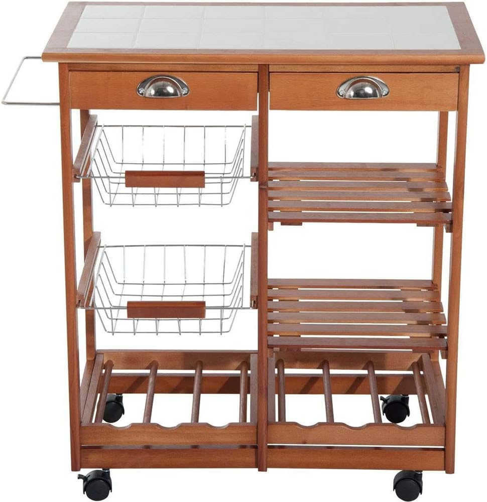 Carrello Cucina Legno con Cassetti Portaposate Ripiani Cesti e Portabottiglie