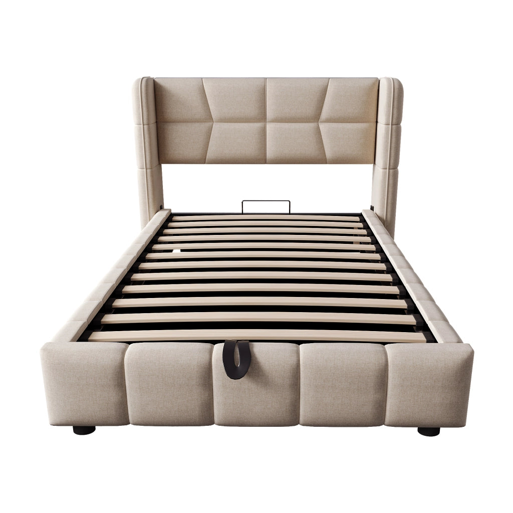 Letto per bambini 90 × 200 cm con contenitore sollevabile, testiera imbottita, senza materasso, beige