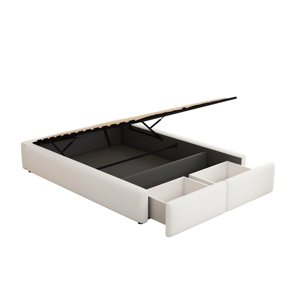 Letto imbottito 140x200 cm, matrimoniale, senza testiera, con contenitore, 2 cassetti, bianco