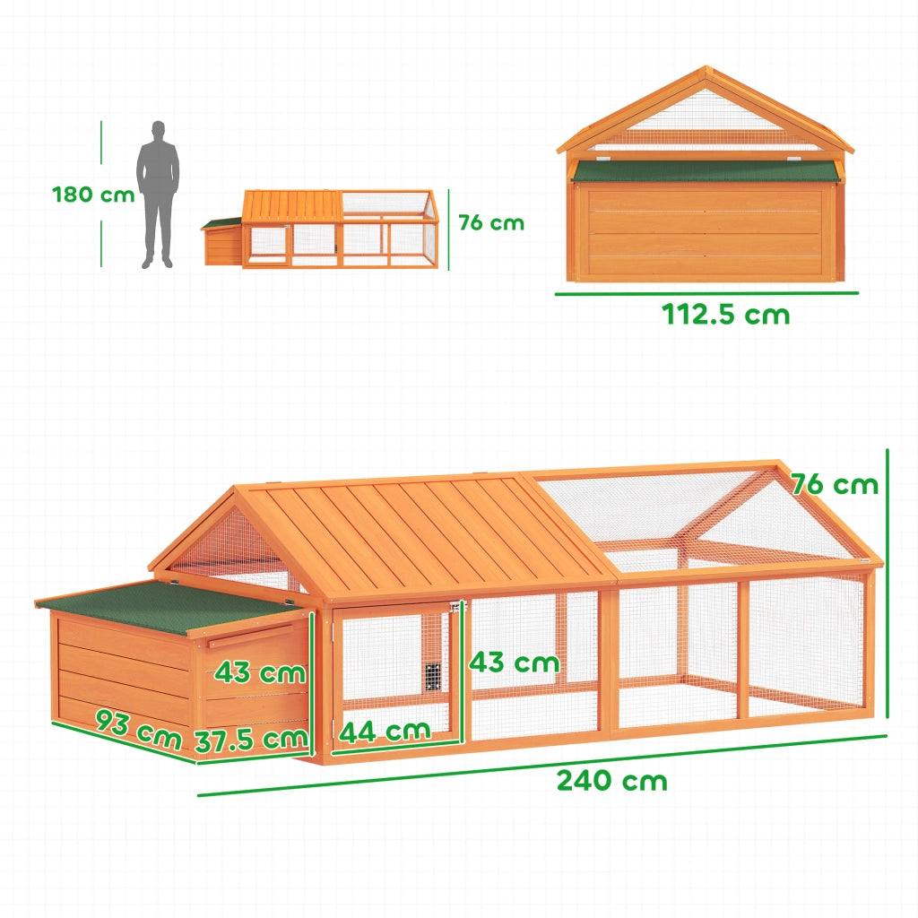Pollaio da Giardino in Legno con Rete Metallica e Tetto Apribile - Xylo - 240x112.5x76 cm Arancione
