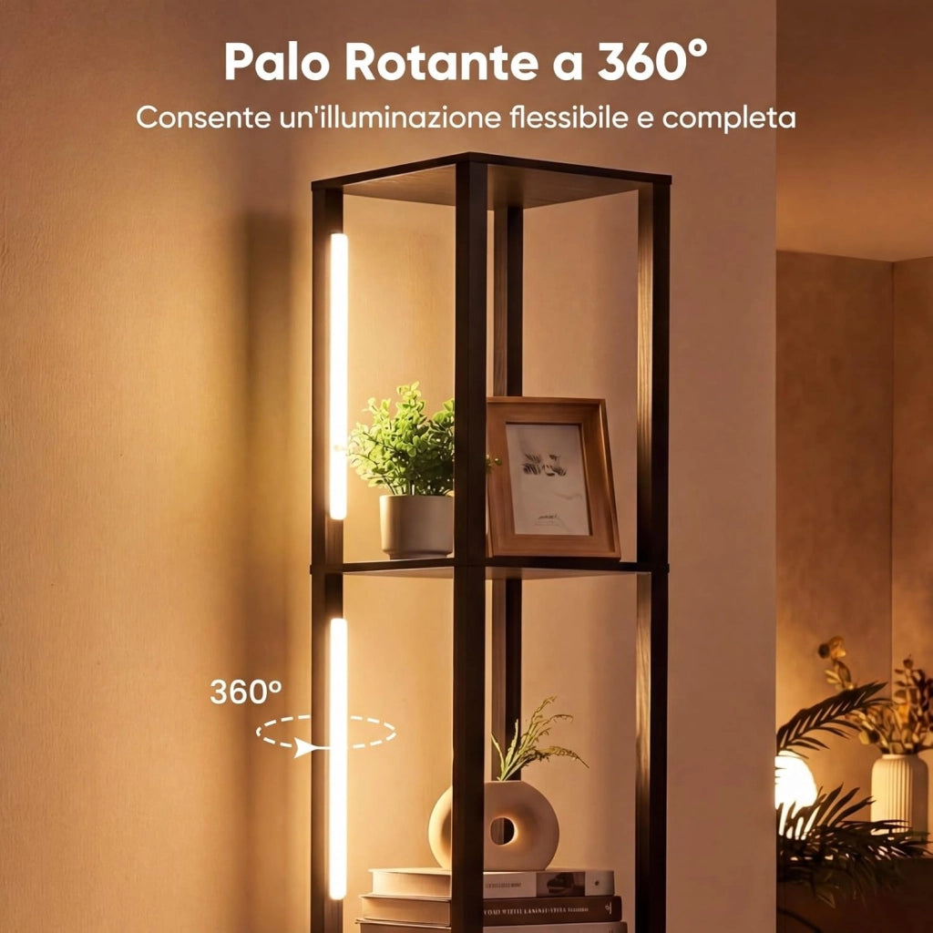 Lampada da Terra, Piantana da Terra con Cassetto, Ripiani, Luminosità Regolabile e Tubi Luminosi Ruotabili 360° Lampada a Stelo per Soggiorno, Camera da Letto e Studio