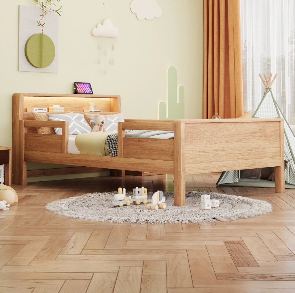 Letto singolo per bambini in legno con LED, USB-C e testiera con vano
