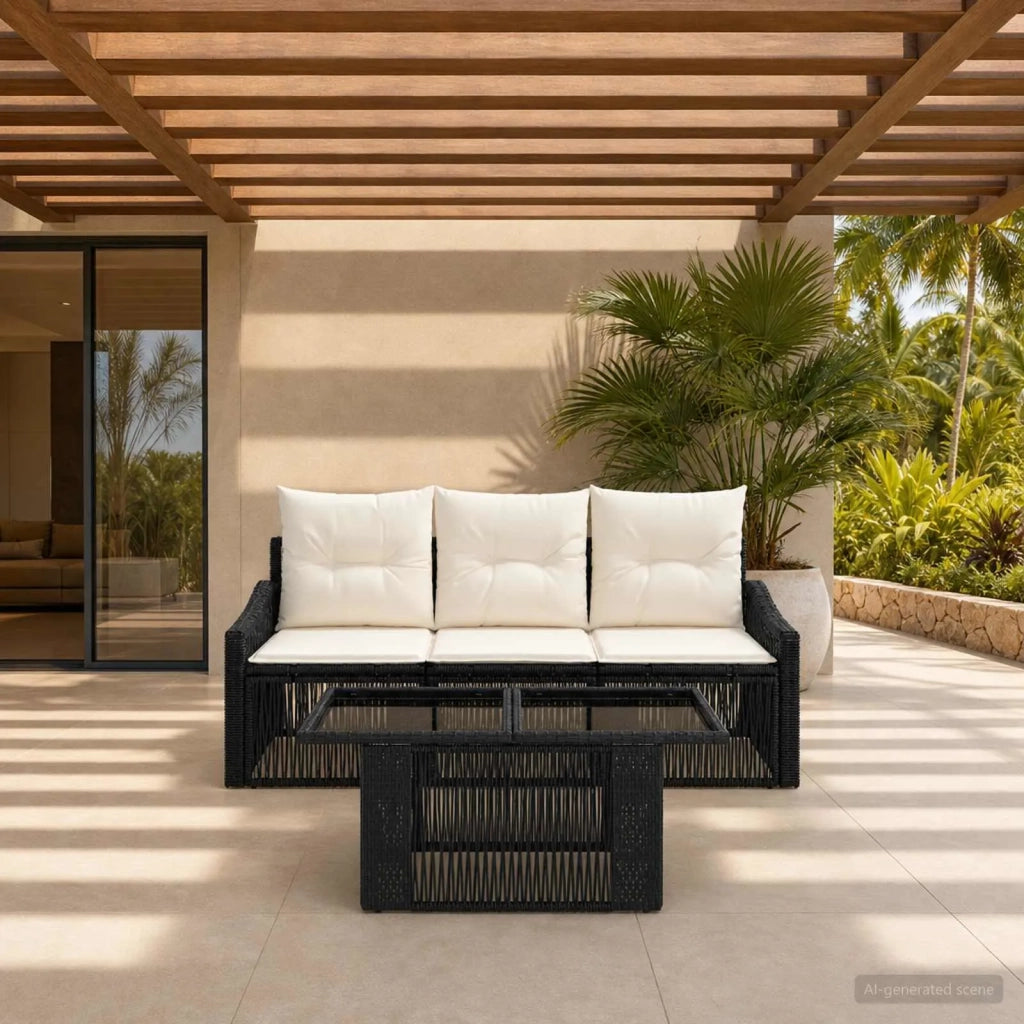 Set Divano da Giardino 4 pz Nero e Bianco Crema polyrattan 3437197
