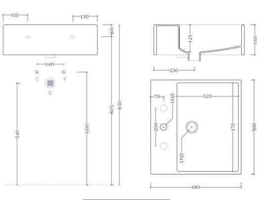 Lavabo sospeso/appoggio 1 foro QUADRO 50 Art ceram