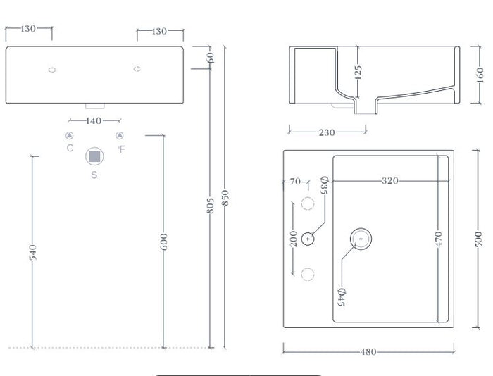 Lavabo sospeso/appoggio 1 foro QUADRO 50 Art ceram