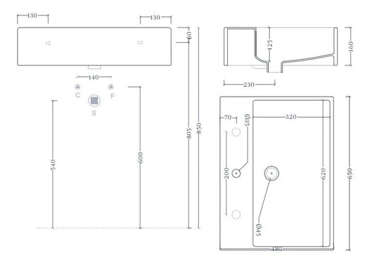 Lavabo sospeso appoggio 1 foro QUADRO 65 Art ceram