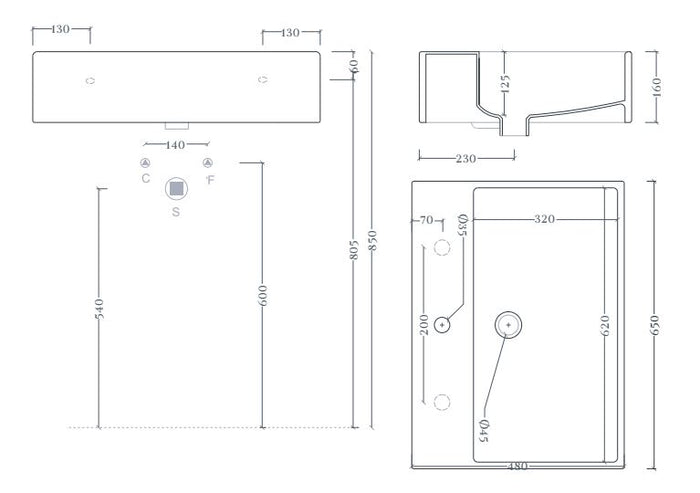 Lavabo sospeso appoggio 1 foro QUADRO 65 Art ceram