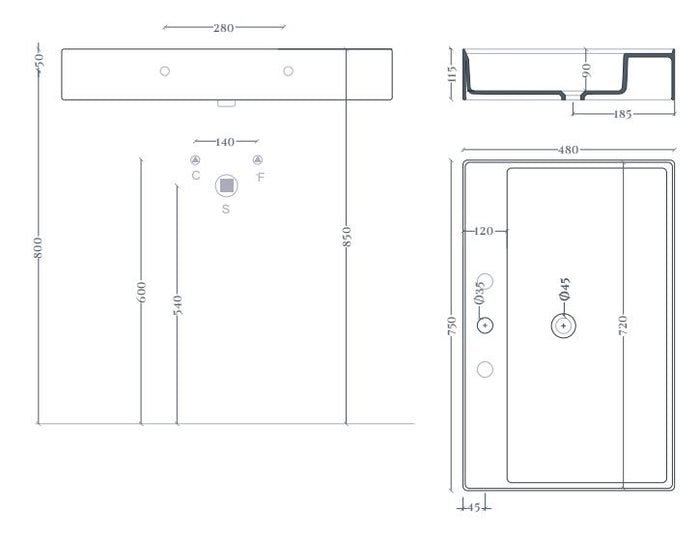 Lavabo sospeso/appoggio 1foro 75x48 bianco Scalino-Art ceram