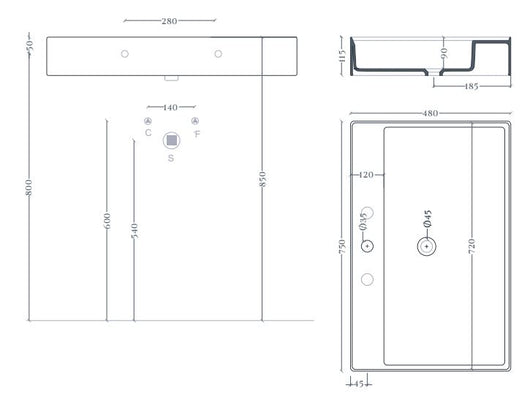 Lavabo sospeso/appoggio 1foro 75x48 bianco Scalino-Art ceram