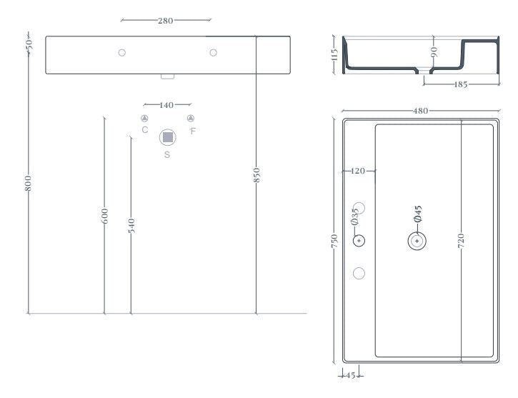Lavabo sospeso/appoggio 1foro 75x48 bianco Scalino-Art ceram