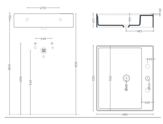 Lavabo sospeso/appoggio 1foro 55x48 bianco Scalino-Art ceram
