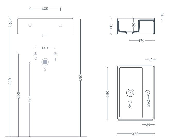 Lavabo sospeso/appoggio 38x27 bianco lucido Scalino-Art ceram