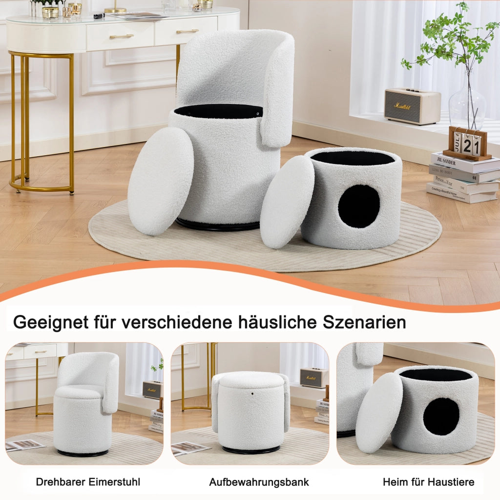 Fauteuil girevole con spazio contenitore e seduta imbottita in teddy per camera da letto e sala da pranzo bianco