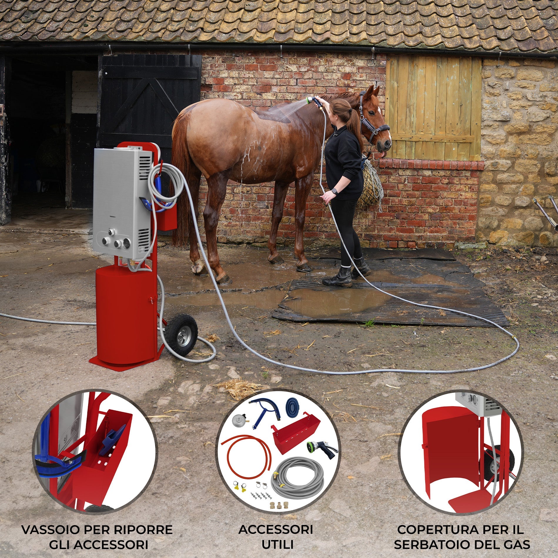 Doccia portatile per cavalli con carrello rosso, serbatoio 18L, tubo 10m.