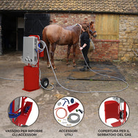 Doccia portatile per cavalli con carrello rosso, serbatoio 18L, tubo 10m.