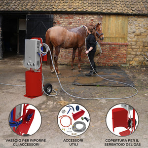 Doccia portatile per cavalli con carrello rosso, serbatoio 18L, tubo 10m.