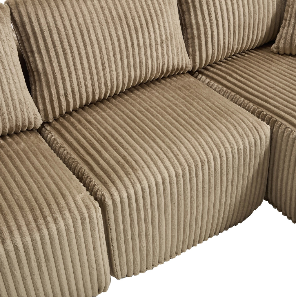 Divano modulare 257x90-160x62 cm con chaise longue; 5 cuscini e portabicchieri in corduroy khaki