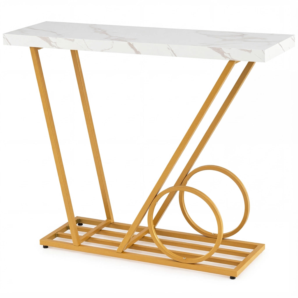 Tavolo consolle finto marmo struttura metallica geometrica design carrello-Tavolo ingresso moderno piano liscio soggiorno corridoio laterale