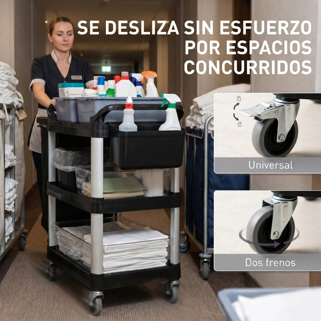 Carrello per Pulizie con 3 Ripiani 2 Contenitori e Secchio Laterale ¨C zephmum ¨C Nero 100 kg