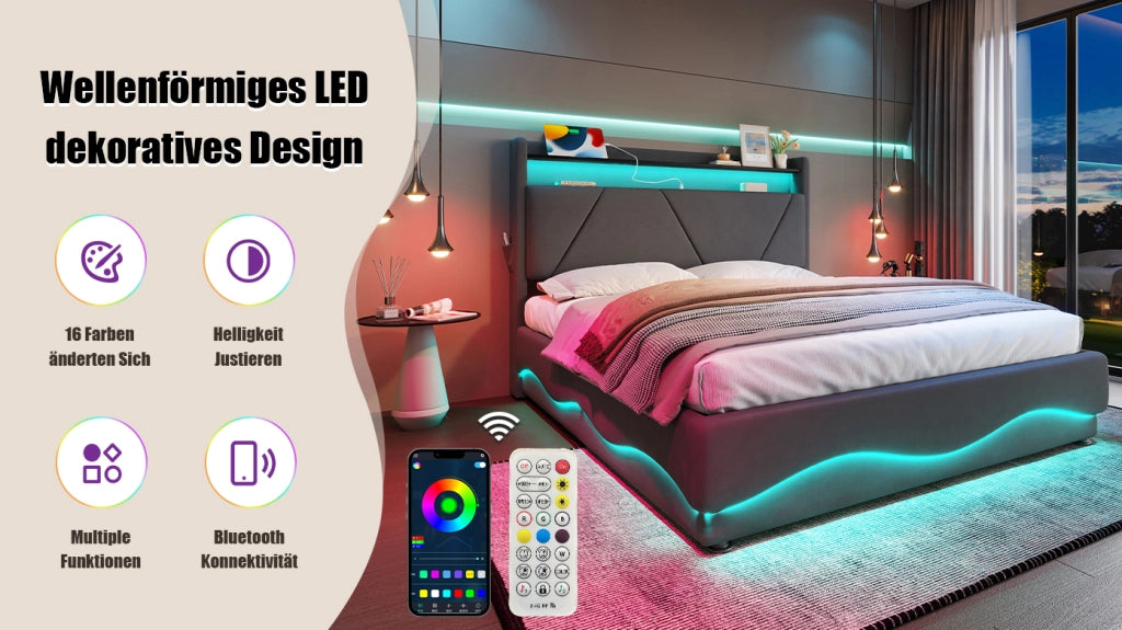 DESMIU Lit Contenitore 140 × 200 cm 2 posti con LED, USB e Type-C, senza materasso, in velluto, beige