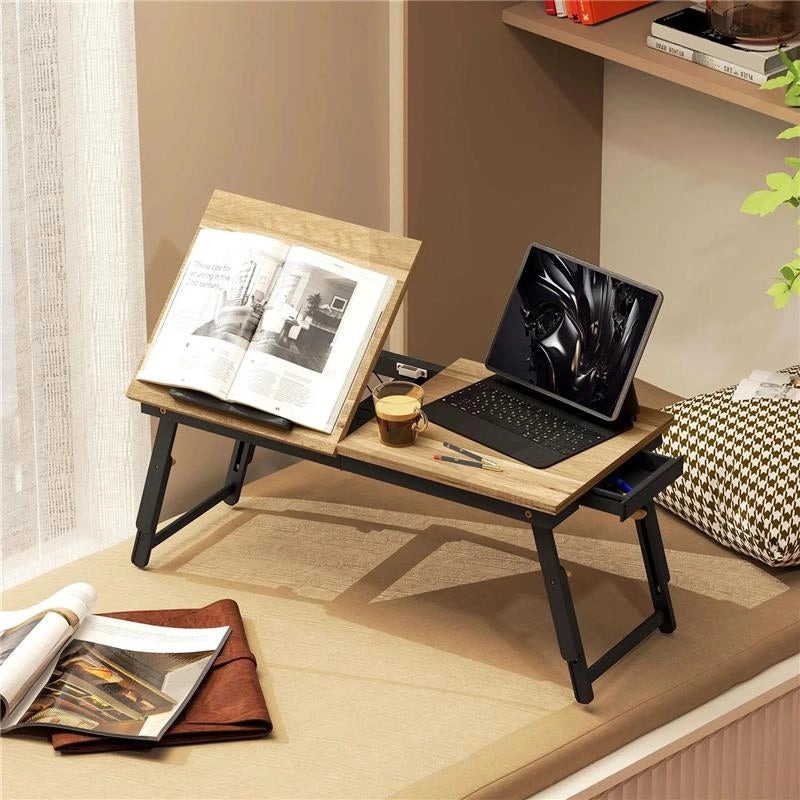 SUPPORTO MONITOR INCLINABILE E REGOLABILE CON CASSETTO LATERALE IN LEGNO 86X33X22.5-32 CM ROVERE E NERO