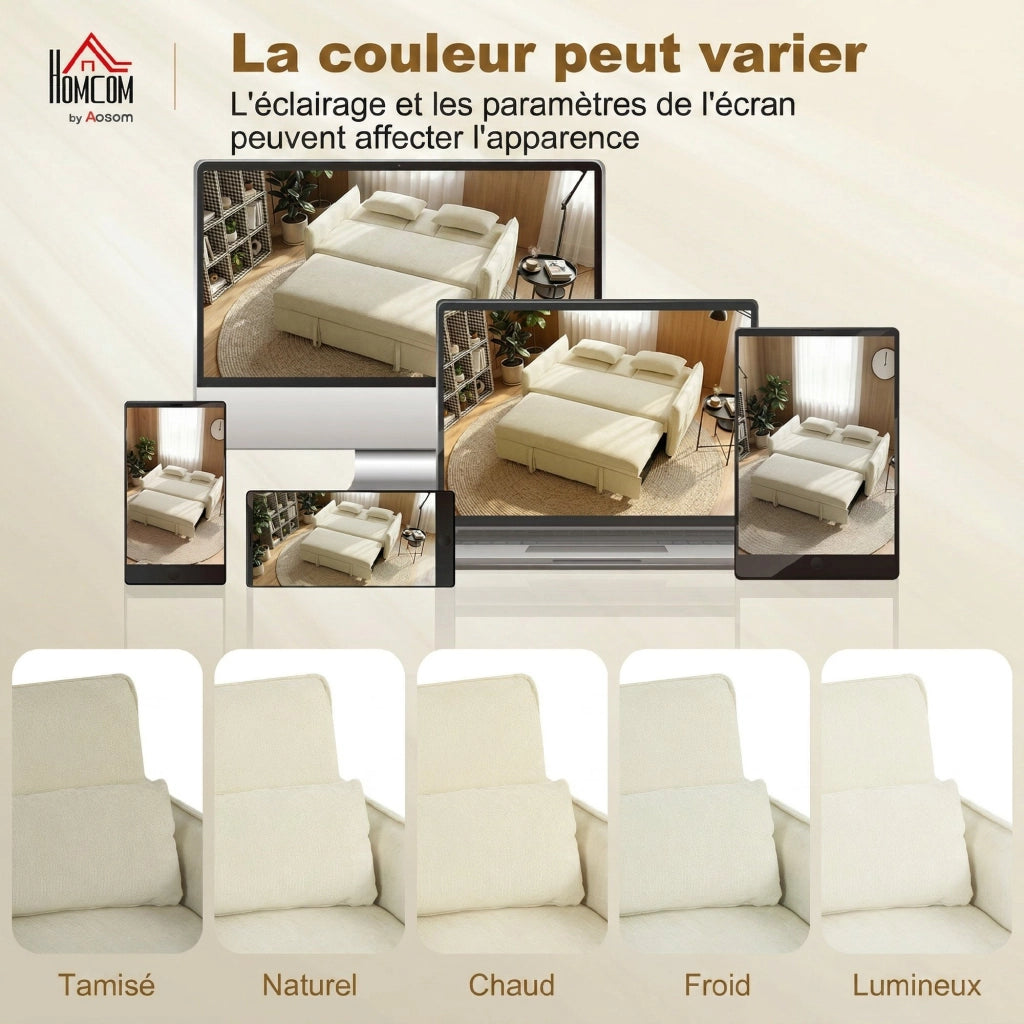 Divano letto 2 posti 3 in 1 ¨C zephmum ¨C beige in tessuto chenille con schienale regolabile e porta bicchieri