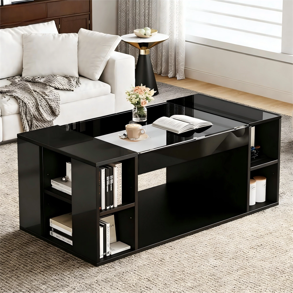 Tavolino da Caff¨¨ con Piano in Vetro Temperato e LED ¨C MINIMAL ¨C Nero, MDF, 100x50x40