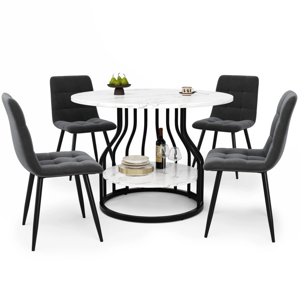Tavolo da Pranzo Rotondo con 4 Sedie ¨C MINIMAL ¨C Piano Effetto Marmo, Gambe Metallo Nero, Velluto Grigio, 80cm
