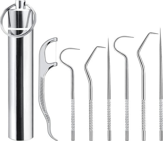 Set di Spazzolini da Denti - RVS - 8 pezzi - Mini Spazzolini da Denti conica - Set di Spazzolini da Denti RVS - Incluso Uncino - Uncino da Denti - Pulizia e Curatela Dentale - Raschietto - Indossabile