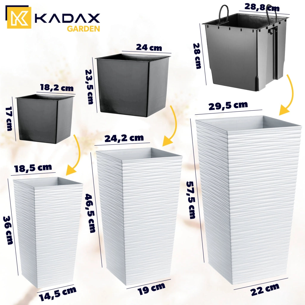Set di 3 vasi da fiori KADAX, vasi da giardino + inserti, alti, grandi, bianchi, 37+47+57 cm