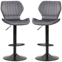 Set 2 Sgabelli da Bar ad Altezza Regolabile con Seduta Ergonomica e Poggiapiedi, Sgabelli Alti in Effetto Velluto e Metallo, 47x51.5x92-114 cm, Grigio