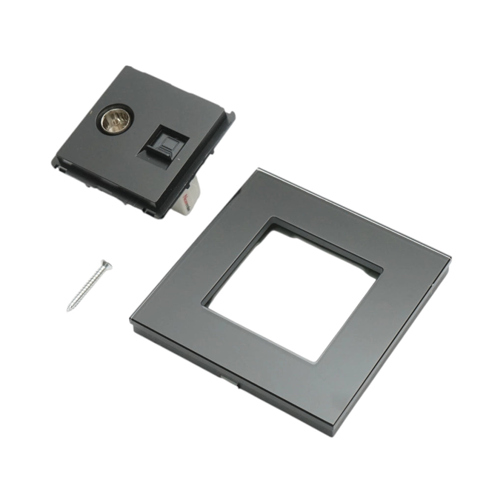 Presa TV + internet CAT5e RJ45, cornice in vetro nero 86x86mm