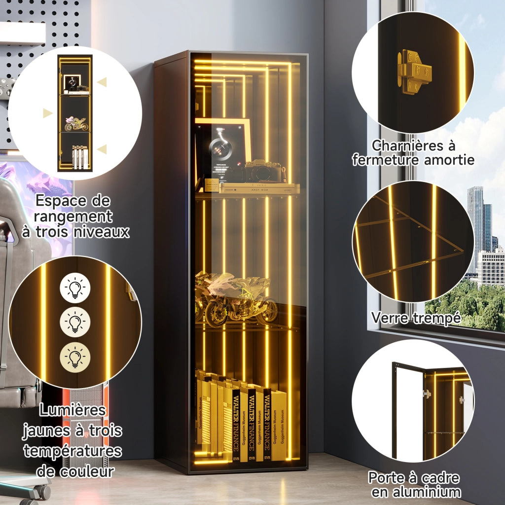 Vetrina con LED 30 x 30 x 90 cm in MDF; vetro temperato e alluminio nera