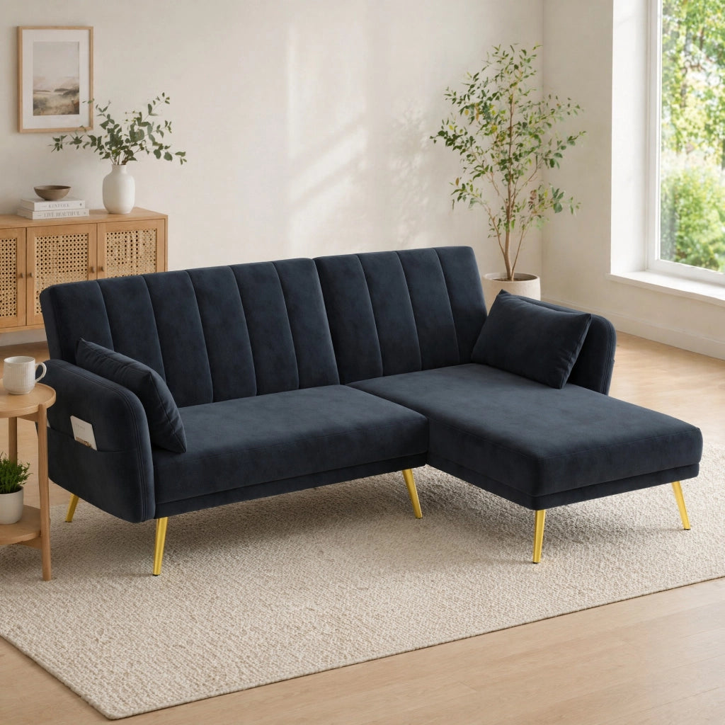 Divano angolare multifunzione con chaise longue reversibile; schienale regolabile; nero
