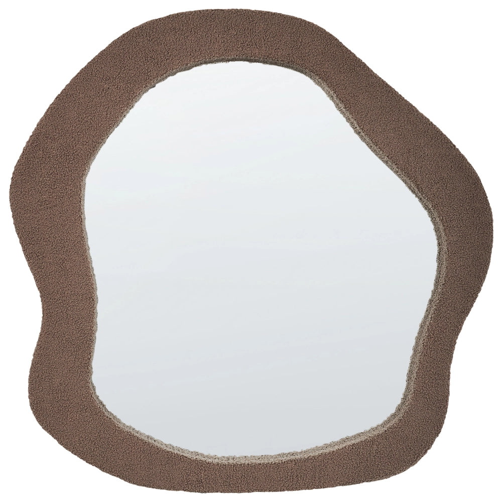 Specchio da parete marrone con cornice in MDF, vetro rivestito in bouclé 79 x 80 cm, pezzo decorativo irregolare montato a parete, stile moderno