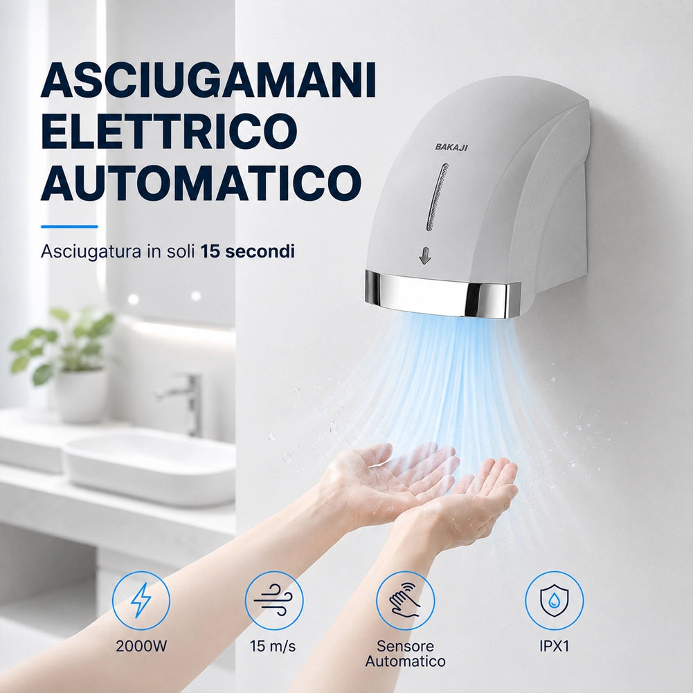 Asciugamani Elettrico Grigio da Hotel Aria Calda a Parete 2000W con Fotocellula