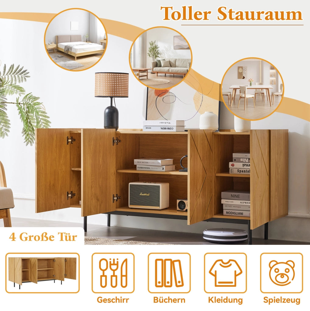 Sideboard naturale 160 cm con 4 ante e inserti in metallo