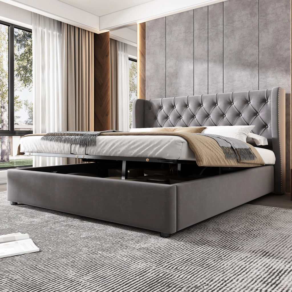 OKWISH Letto Contenitore 140×190 cm, Letto Matrimoniale con Sollevamento Idraulico, Testiera Imbottita e Borchie, senza Materasso, Velluto, Grigio