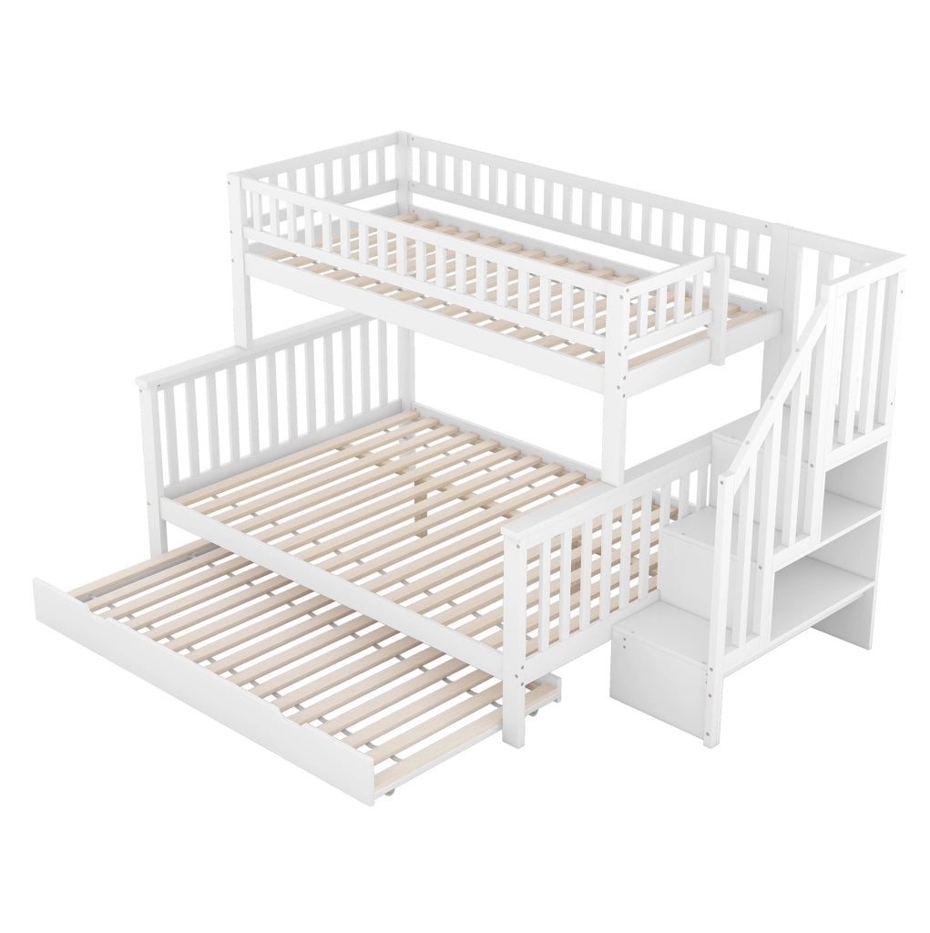 Letto a castello ULEVR 90x200 e 140x200 cm con letto estraibile, scala contenitore, pino e MDF, bianco