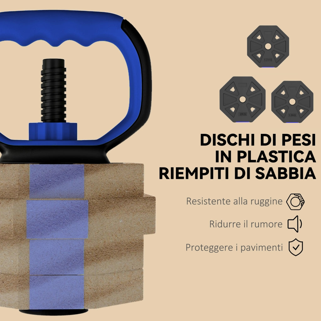Set Pesi Palestra 6 in 1 Multifunzione da 20kg Totali 125x18x18 cm in Plastica e Sabbia Blu