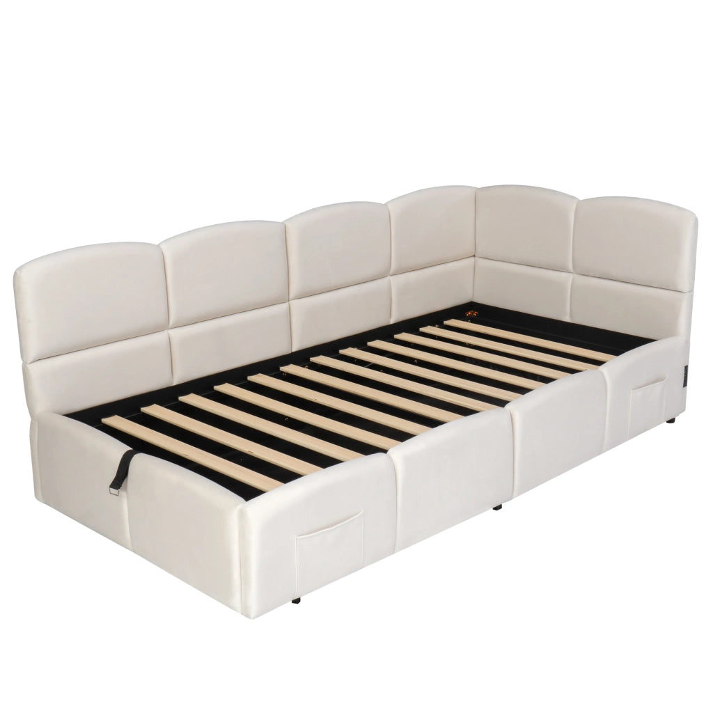 OKWISH Letto contenitore 90×200 cm, Letto Singolo con Porte USB A e USB C, Tasche Portaoggetti e Apertura Idraulica, senza Materasso, Velluto, Beige