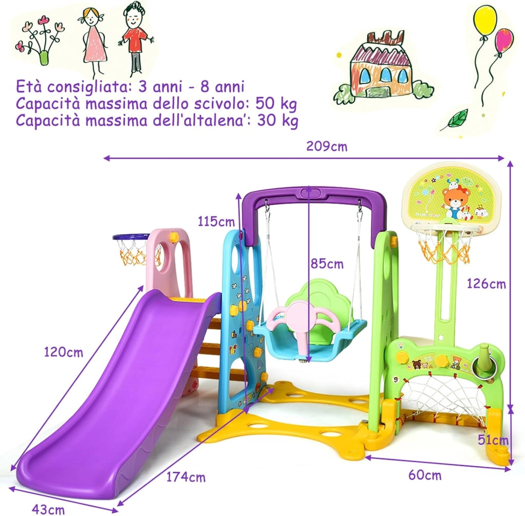 Parco Giochi 6 in 1 Multi Giochi da Giardino, con Altalena e Scivolo, Pallacanestro e Porta da Calcio, 209x174x115 cm, per Bambini 3-8 Anni (Viola)