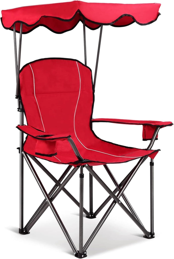 Sedia da campeggio con baldacchino, ombra, sedia da spiaggia e beach chair, pieghevole, con portabevande e borsa, per esterni, fino a 130 kg (rosso)