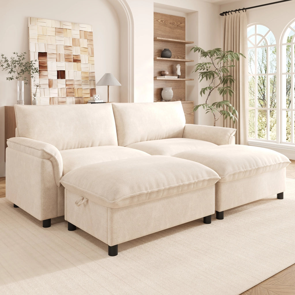 Divano modulare con pouf contenitore e funzione letto - in chenille beige