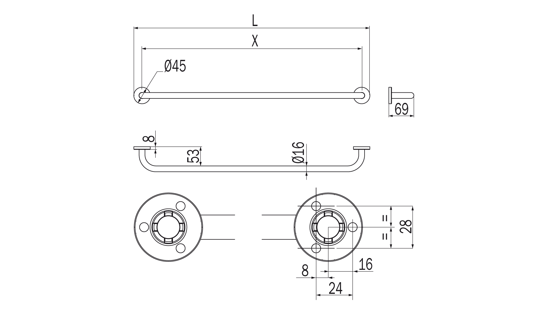 Portasalviette serie One - Inda Finitura:: Cromo Nero spazzolato, Misure:: 60 cm
